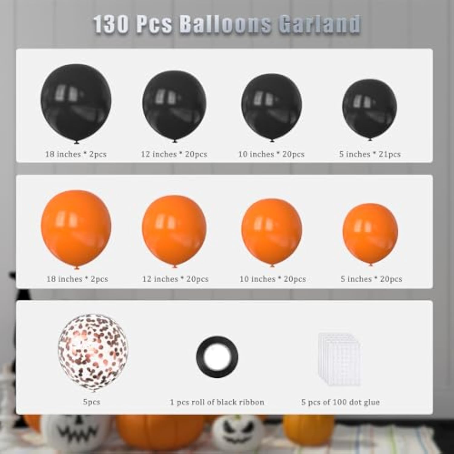 130Pcs Orange Black Balloon Arch Kit with Rose Gold Confetti for Halloween Party Decorations