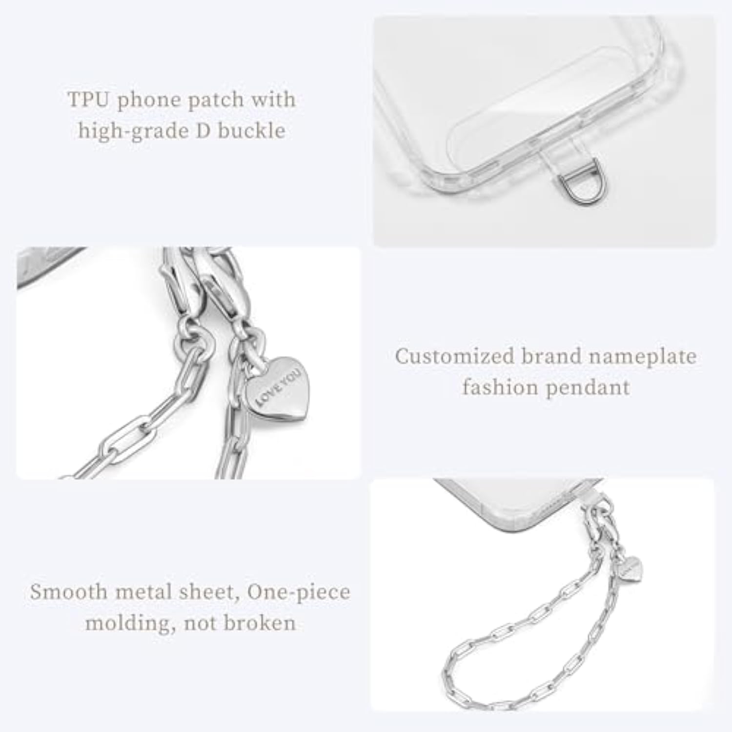 Phone Chain Phone Wrist Strap Metal Phone Lanyard Fashion Phone Strap Lightweight Phone Charms With 2Xtpu Phone Tether Tab For Women Shopping Traveling Party(Silver)