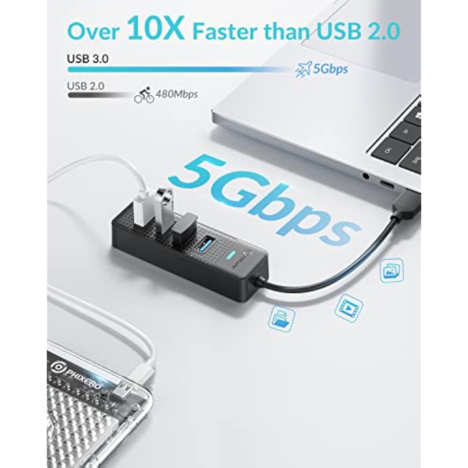 Usb Hub, 4-Port 3.0 Hub Multi Port Expander, Fast Data Transfer Splitter For L