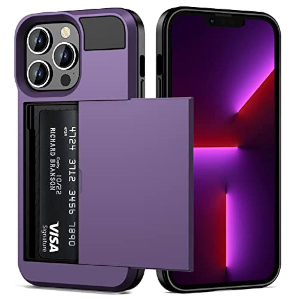 For Iphone 13 Pro Case Wallet Credit Card Holder Id Slot Sliding Door Hidden Pocket Men Women Anti-Scratch Dual Layer Hybrid Bumper Armor Protective Shell Back Cover 6.1 Inch Greypurple