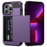 For Iphone 13 Pro Case Wallet Credit Card Holder Id Slot Sliding Door Hidden Pocket Men Women Anti-Scratch Dual Layer Hybrid Bumper Armor Protective Shell Back Cover 6.1 Inch Greypurple