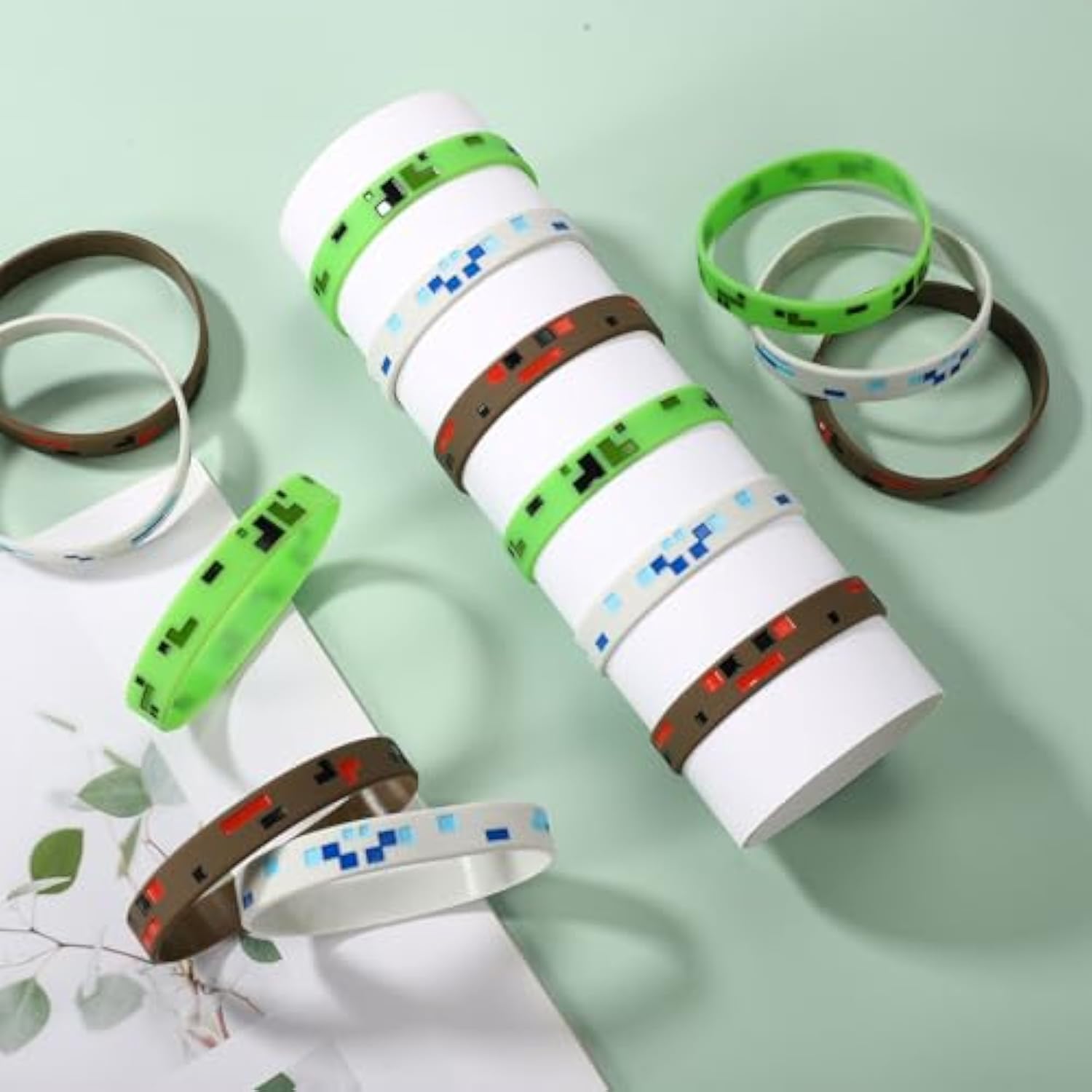 24Pcs Pixel Silicone Bracelets, 3 Styles Pixel Themed Birthday Party Favors Mining Wristbands For Kids Teens Game Party Decorations Goodie Bag Supplies