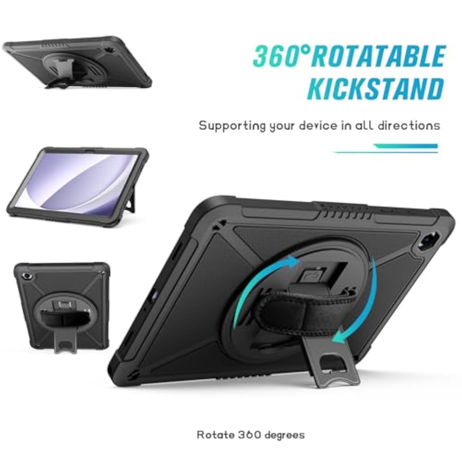 For Samsung Galaxy Tab A9+ / A9 Plus 11'' 2023 (Smx210/X216/X218), Shockproof Hard Duty Case With Screen Protector+360 Rotating Hand Strap&Stand+Shoulder Strap For Tab A9+ Tablet, Black