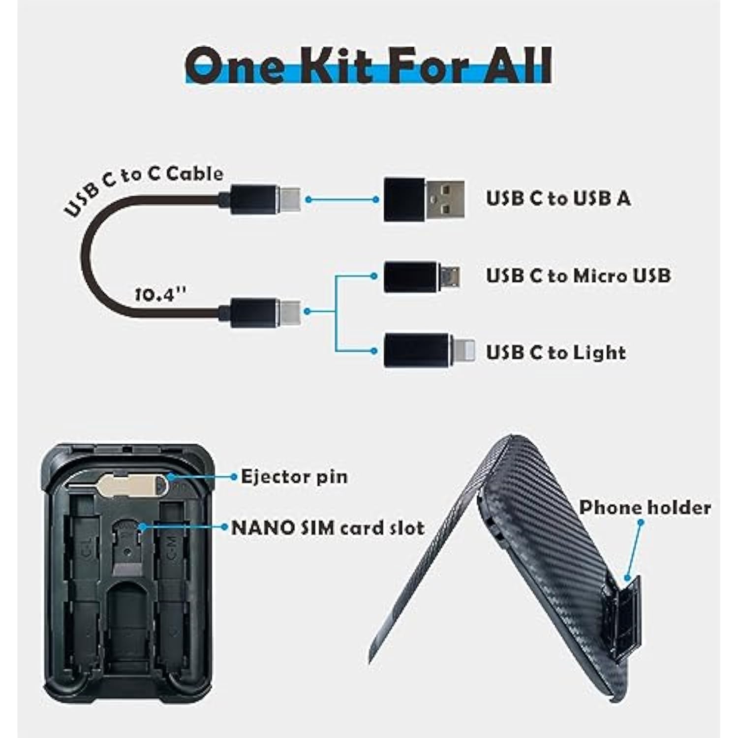 Usb Type C To C Charging And Data Transfer Cable With 3 Adapters Combination Set In Credit Card Size Case, Black