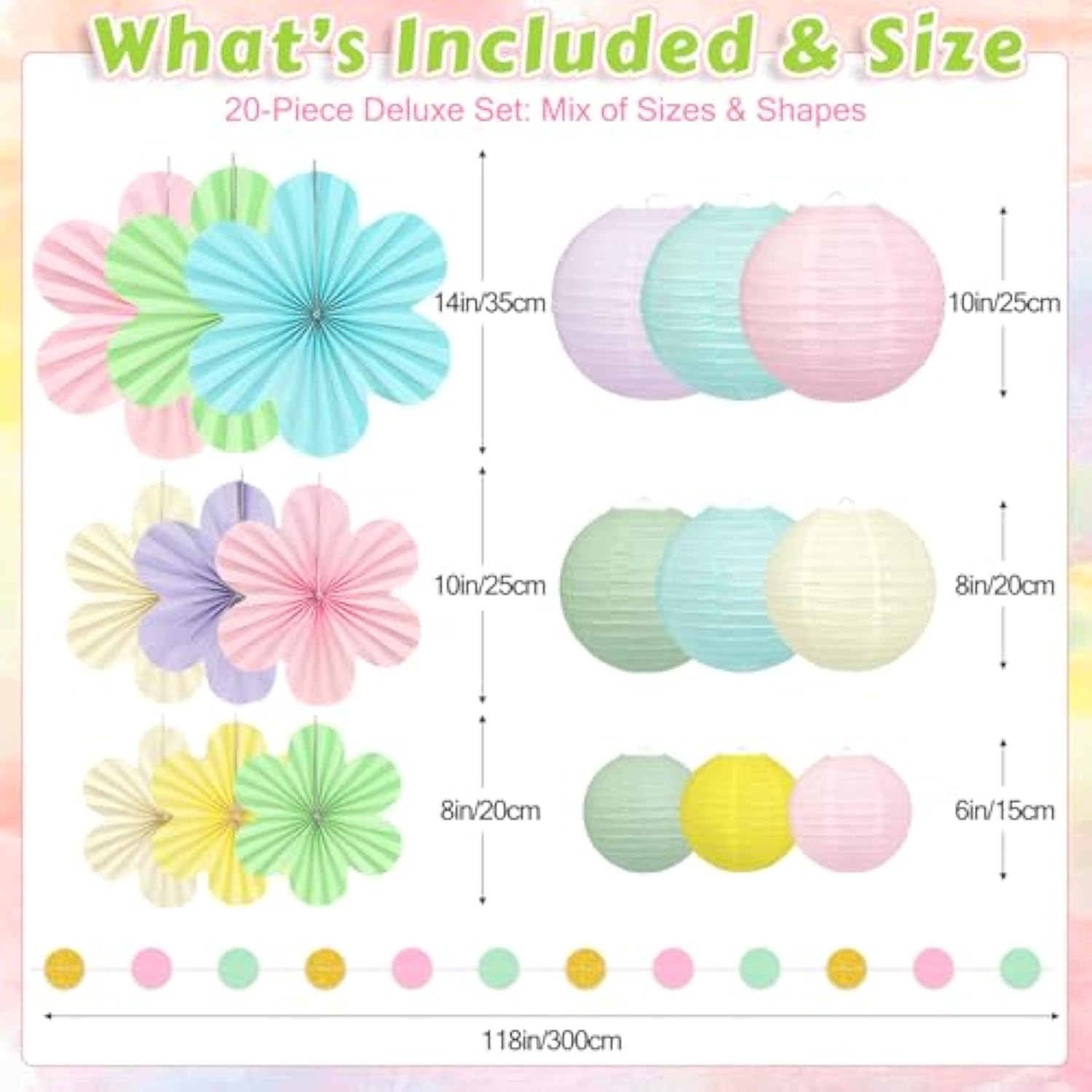 Spring Hanging Decorations - 20Pcs Pastel Party Decorations | Paper Lanterns & Flower Fans Set With Glitter Garland For Pastel Classroom Decor, Office, Baby Shower, Wedding & Easter Wall Decor