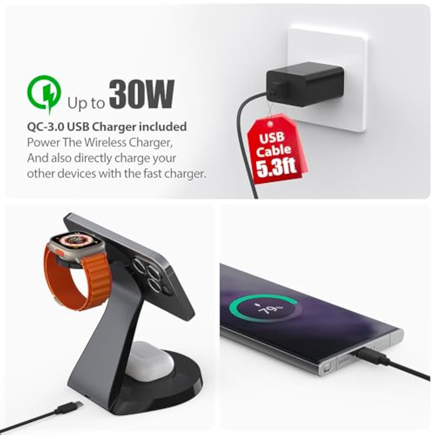 3 In 1 Charging Station For Apple Devices,Mag-Safe Charger Stand Fast Charging,Wireless Charger For Iphone 16/15/14/13/12 Series,& Airpods,& Iwatch(Usb-C Charger Included)