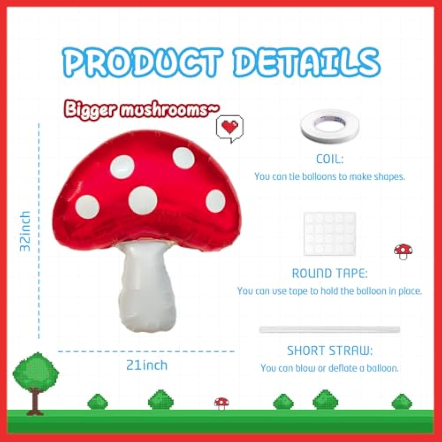 6 Pcs Red Mushroom Balloons Video Game Themed Party Decorations for Kids