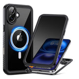 Heavy Duty Rugged Magnetic Phone Case for iPhone 16, IP68 Waterproof Dustproof Cover with Built-in Anti-Spy Screen Protector, Compatible with MagSafe (Black/Clear)