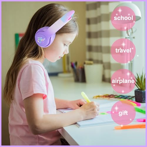 Kids Wireless Headphones LED Light up Cat Bluetooth Headphones, Color Changing Cat Ear Wireless Headsets with Microphone for