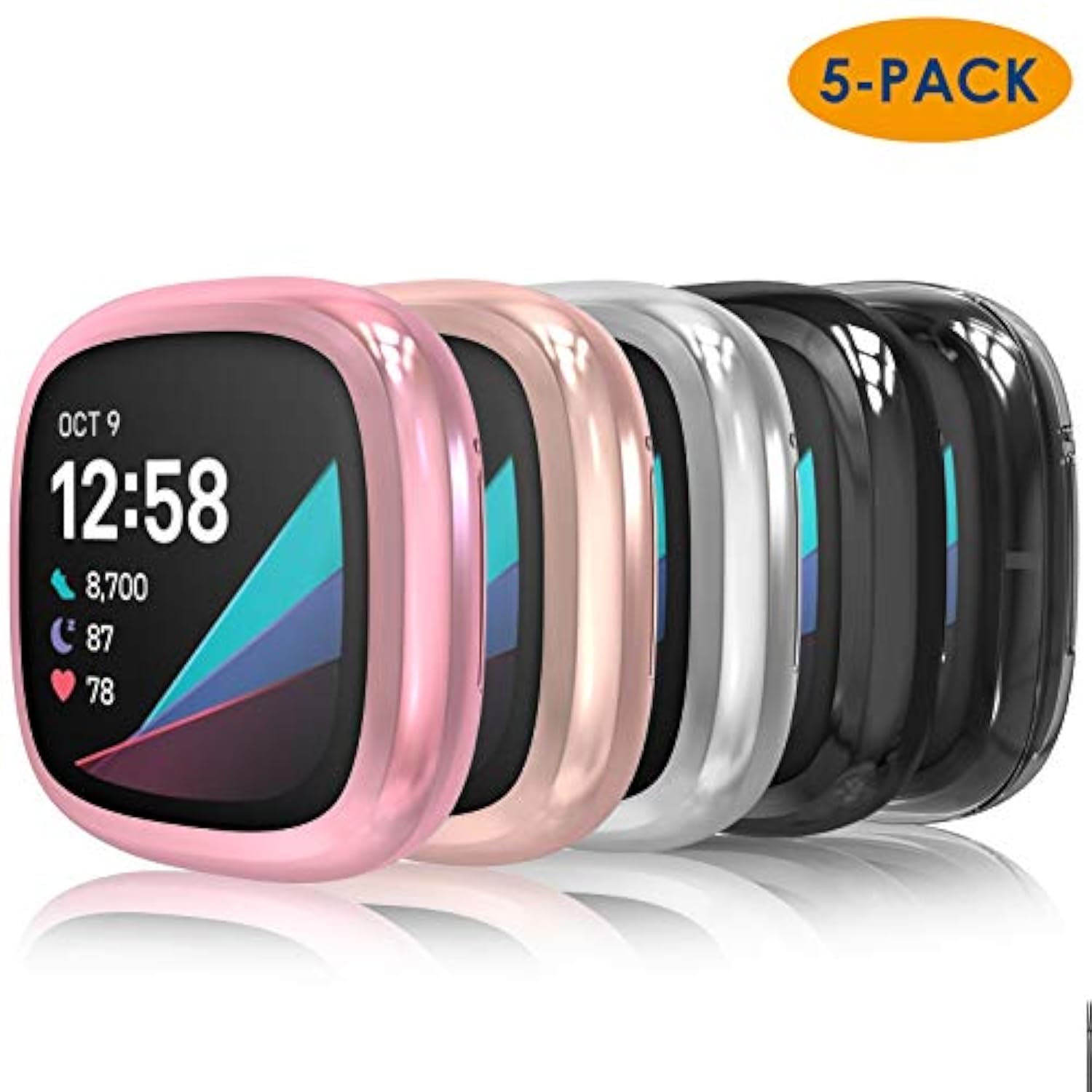 5Pack Full Screen Protector Case Compatible With Fitbit Sense/Versa 3, Soft Slim Tpu Plated Bumper Case Compatible With Fit Bit Versa3 Sense Smartwatch, Rose Pink/Rose Gold/Clear/Silver/Black