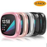 5Pack Full Screen Protector Case Compatible With Fitbit Sense/Versa 3, Soft Slim Tpu Plated Bumper Case Compatible With Fit Bit Versa3 Sense Smartwatch, Rose Pink/Rose Gold/Clear/Silver/Black