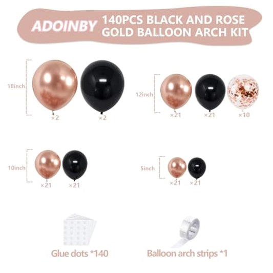 Rose Gold And Black Balloon Arch Kit, 140Pcs Metallic Rose Gold Black Balloon 18 12 10 5 Inch Different Size Balloons For Birthday Party Bridal Shower Wedding Engagement Anniversary Decoration