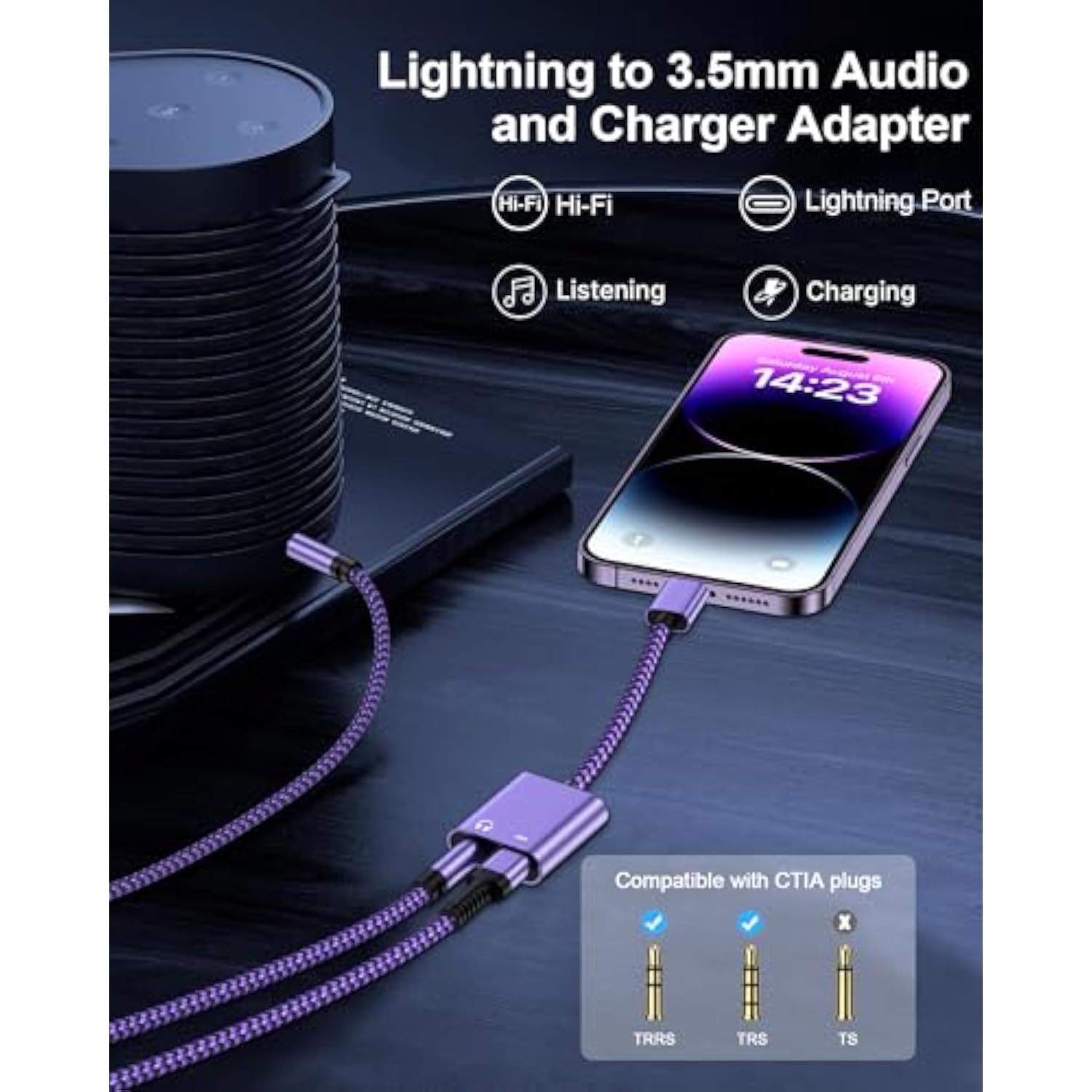 Iphone Dongle Headphone And Charger 2 In 1, Lightning To 3.5Mm Audio Jack + Charge Splitter [Mfi Certified] Iphone Aux Adapter Female Converter For Apple 14 Plus 13 12 11 Pro Max Xr Xs Ipad Mini Ipod