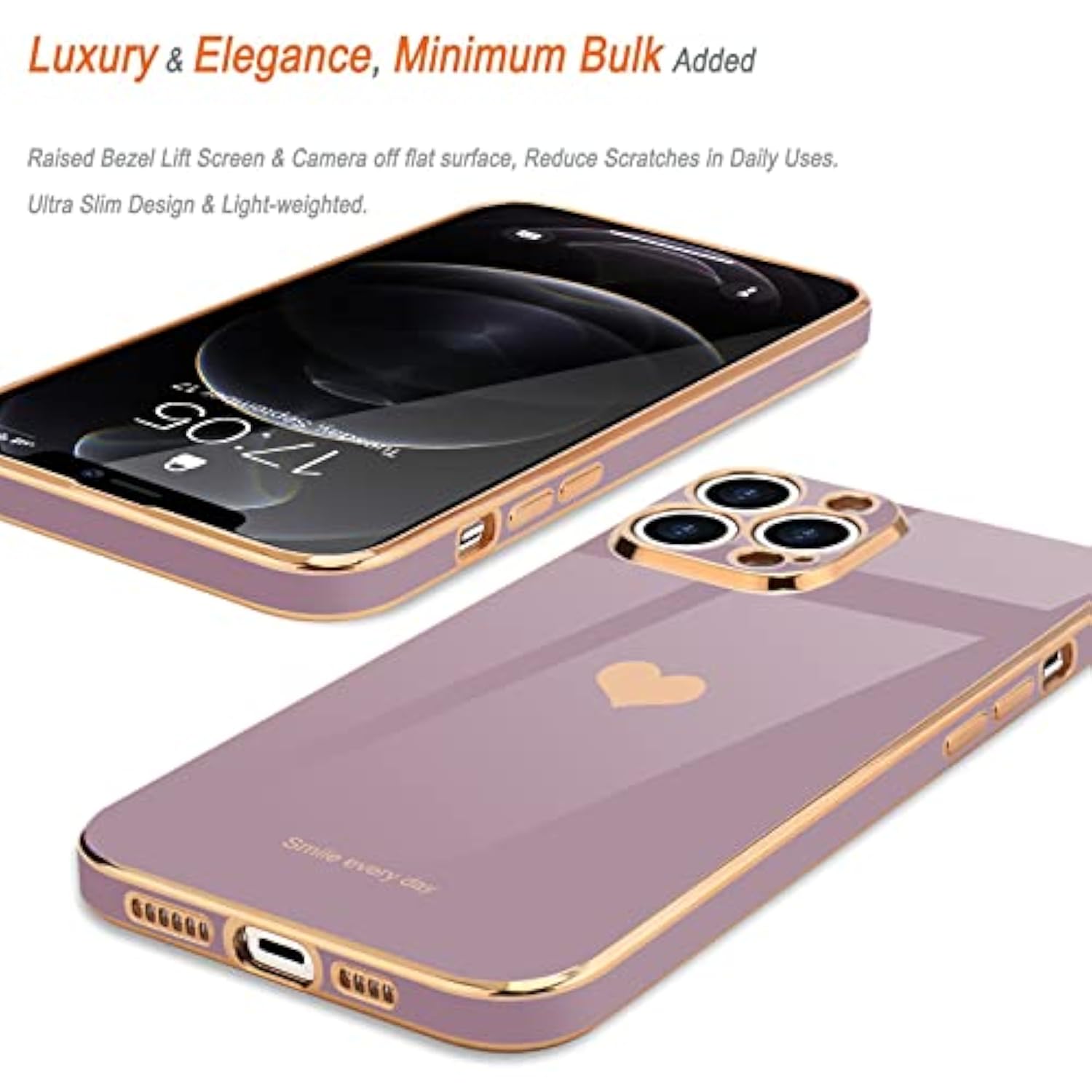 For Iphone 12 Pro Max Case For Women Girl, Cute Love-Heart Luxury Bling Plating Soft Back Cover, Raised Camera Protection Bumper, Silicone Shockproof Phone Case For Iphone 12 Pro Max, Lavender
