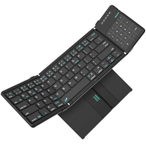 Foldable Travel Keyboard With Touchpad & Number Pad, Bluetooth Wireless Portable Folding Full Size Keyboard With Trackpad For Pc Laptop Ipad Tablets Smartphone, Silicone Leather Cover, Black