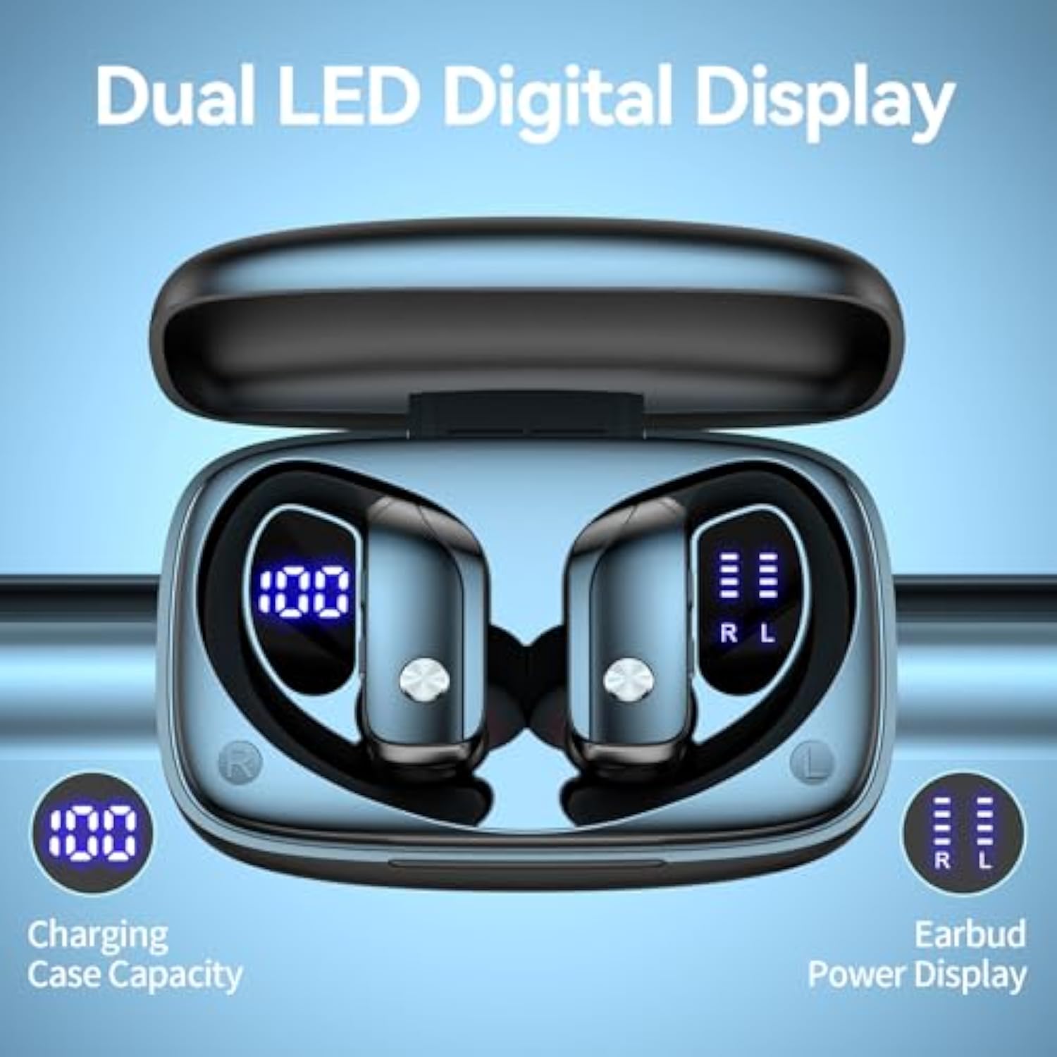 Wireless Earbuds with Earhooks, 48hrs Playback, LED Display, Mic, Black