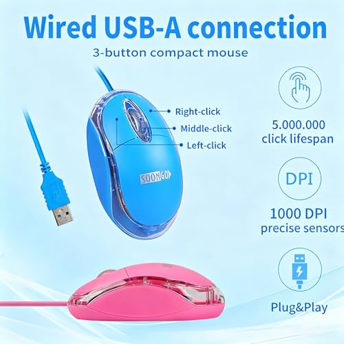 Kids Mouse 2 Pack [Pink Blue] For Laptop Mini Usb Optical Wired Mice Fit For Kids Girls Lady Use Compatible With Computer Laptop Pc Desktop Windows 7/8/10/Xp Vista And Mac