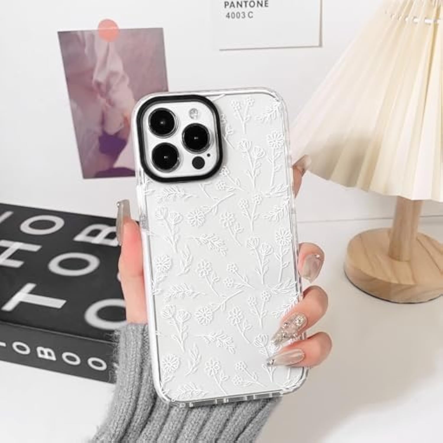 Compatible For Iphone 13 Pro Max Case Cute Flower Floral Clear For Women Girl Ultra Slim Crystal Shockproof Soft Tpu Anti-Yellow Protective Phone Cover - White