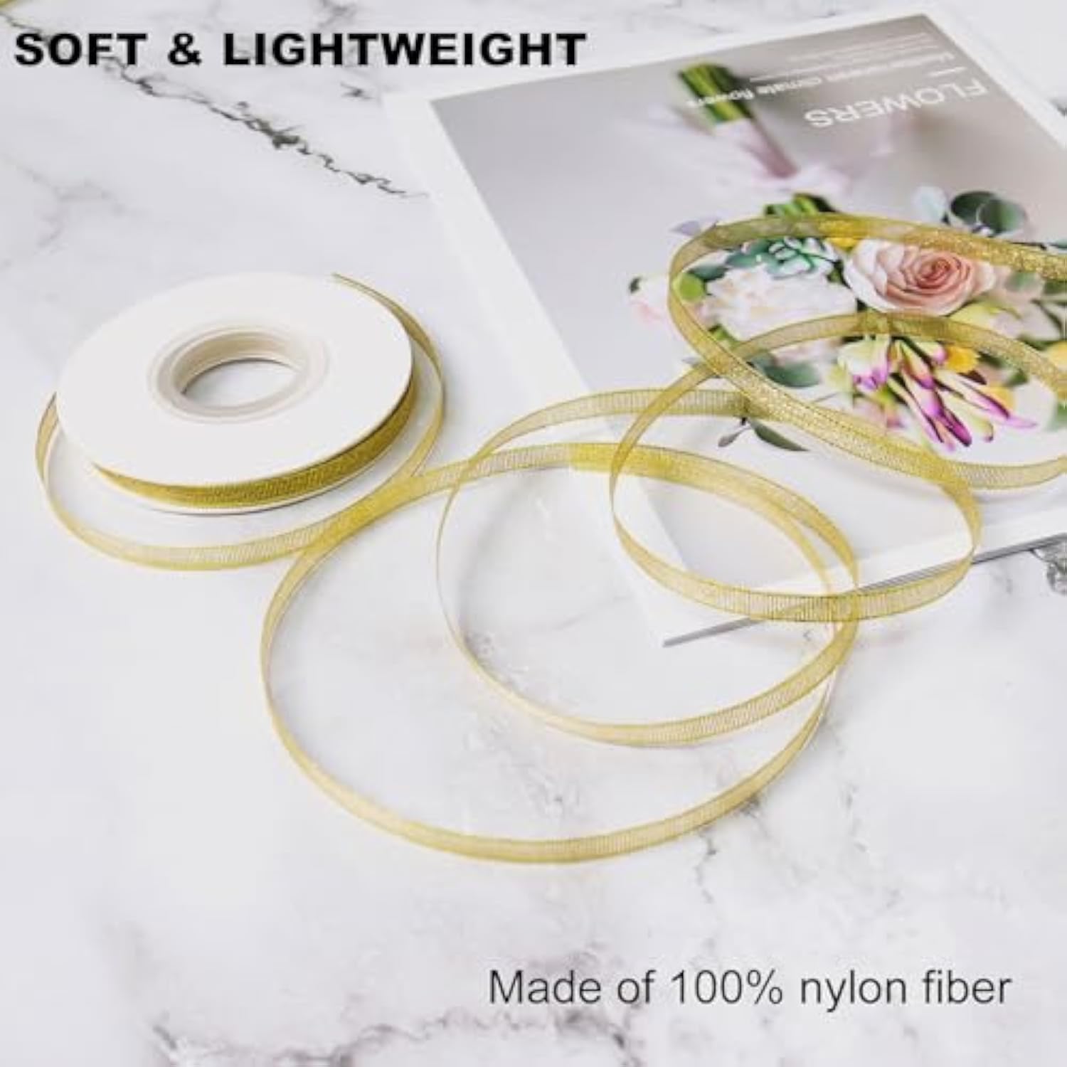 Glitter Metallic Gold Ribbon 1/4 Inch 25 Yards, Sparkly Fabric Ribbon Perfect For Crafts, Sewing, Gift Package Wrapping For Christmas, Easter, Valentines Day, Birthday