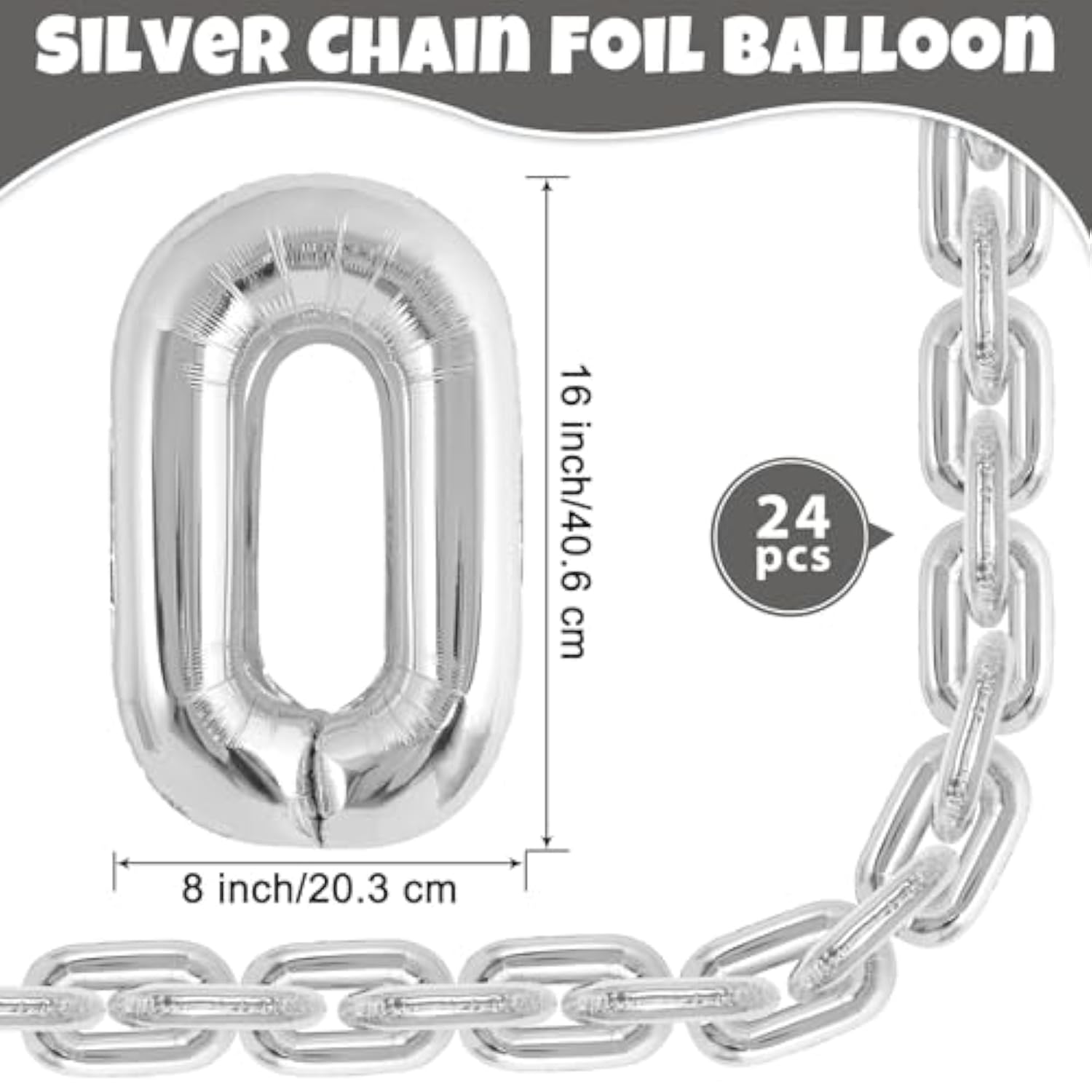 24pcs Giant Silver Chain Balloons 16" for 80s/90s & Hip Hop Parties