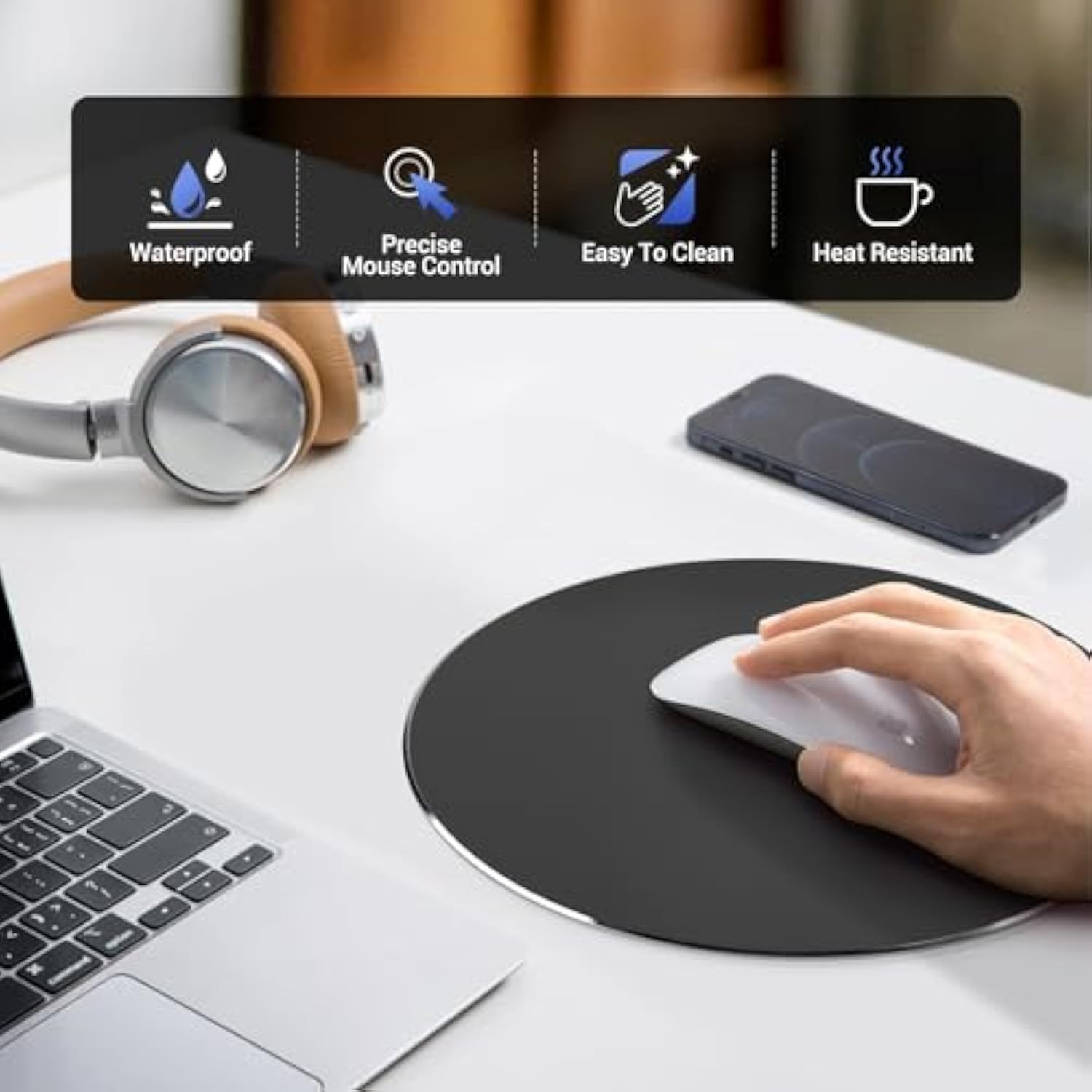 Metal Aluminum Mouse Pad, Thin Hard Mousepad, Double Sided Waterproof Fast And Accurate Control Mousepad For Laptop, Computer And Pc, Office, Round Black