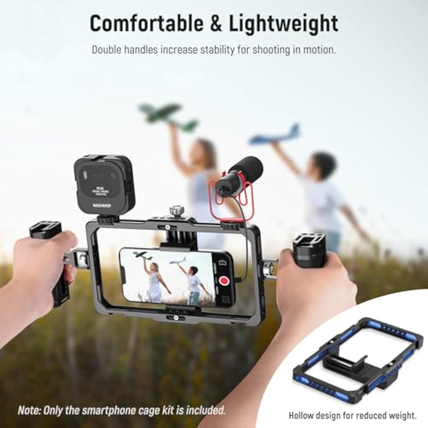 NEEWER Upgraded Phone Rig Vlogging Kit, Video Stabilizer with Dual Handle, Wireless Mic Clip Slot for Tiktok/YouTube, Compatible with SmallRig iPhone 16 15 14 Pro Max Plus 13 Galaxy S23, PA009