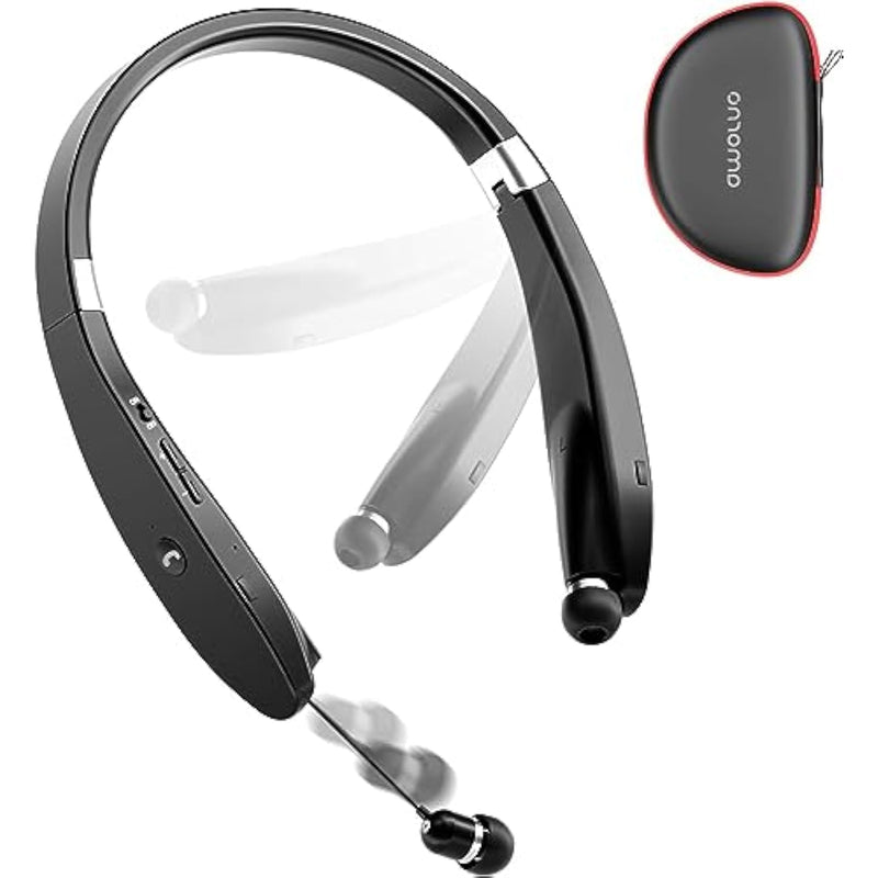 Foldable Bluetooth Headphones Wireless Neckband Headset With Retractable Earbuds, Sports Sweatproof Noise Cancelling Stereo Earphones With Mic