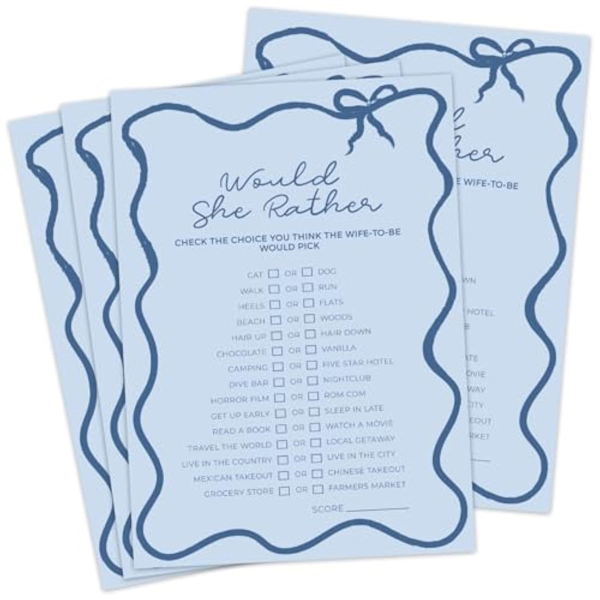 30 Pcs Bridal Shower Games Card For 30 Guests Blue Wavy Border Ribbon Bow Funny Wedding Bachelorette Party Games For Reception (Would She Rather)
