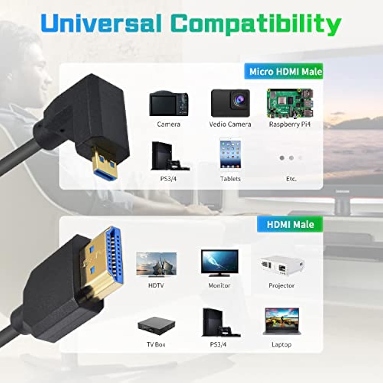 8K Micro Hdmi To Hdmi Cable, Extreme Slim Hdmi To Micro Hdmi Cable, 90 Degree