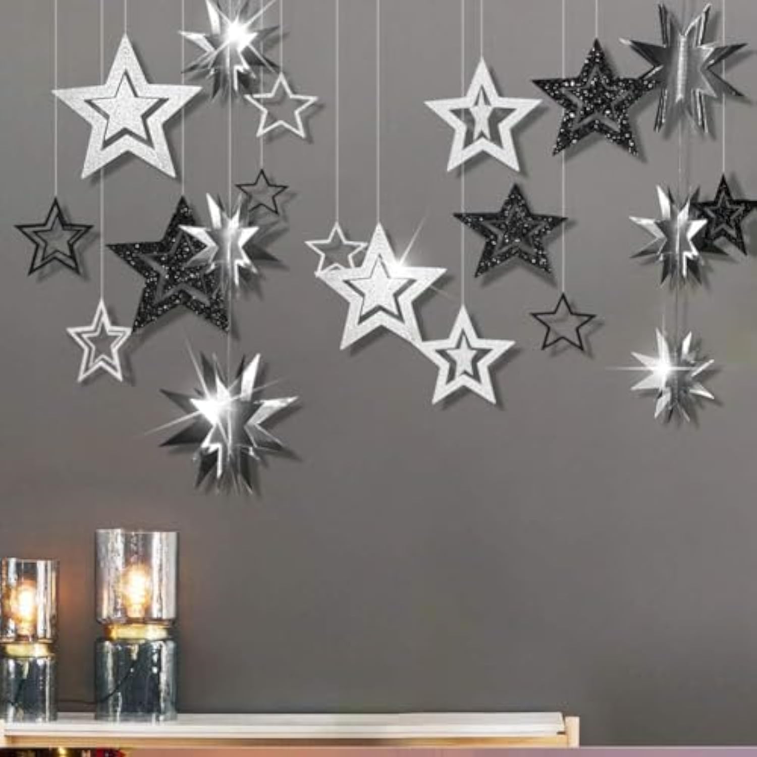 Glitter Black Silver Party Decorations Star Garlands Starry Night Streamers Hanging Stars Birthday Twinkle Little Star Moon Decorations Graduation Halloween Wedding Bridal Ramadan Nye