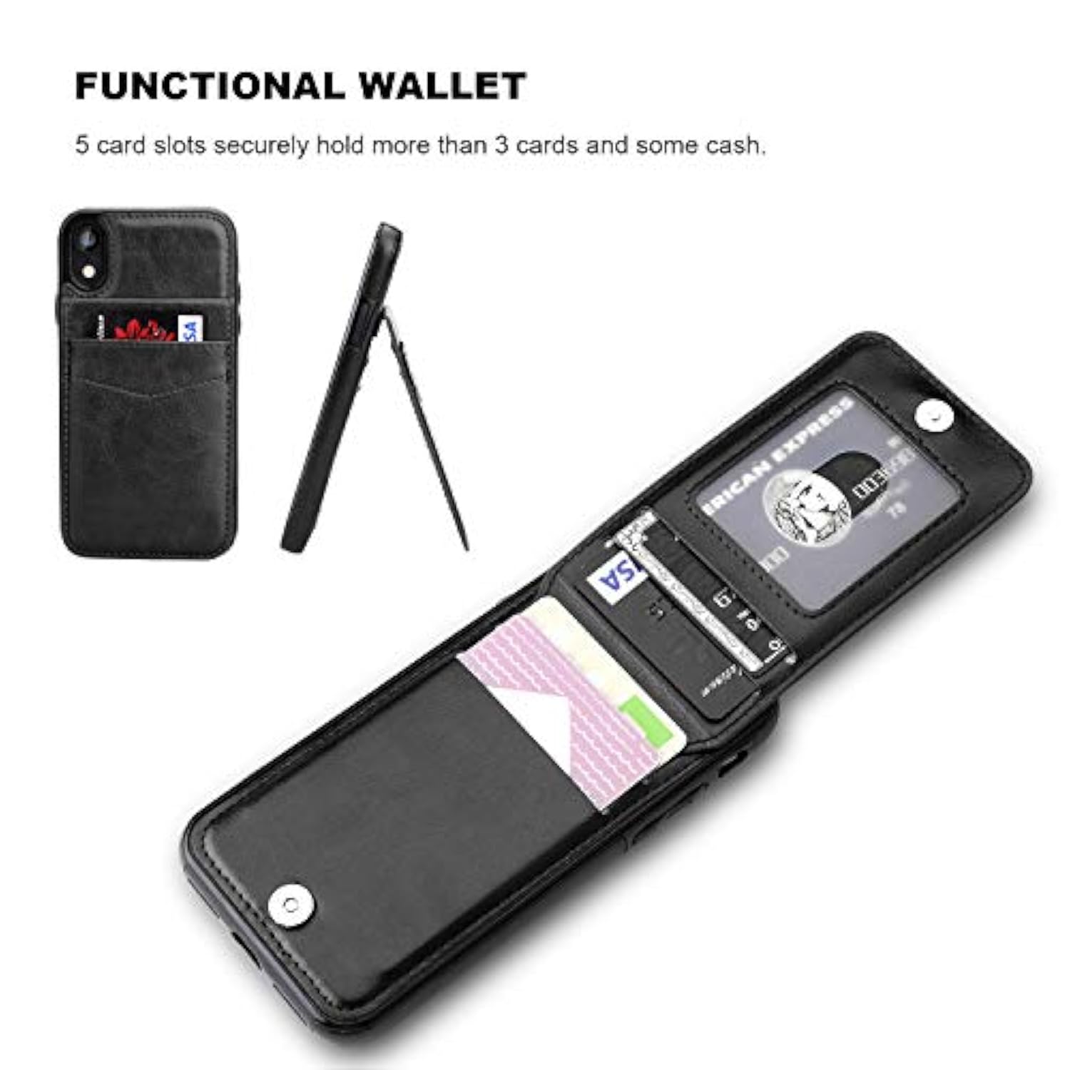 Compatible With Xr Case Wallet With Credit Card Holder, Premium Leather Magnetic Clasp Kickstand Heavy Duty Protective Cover For Xr 6.1 Inch(Black)