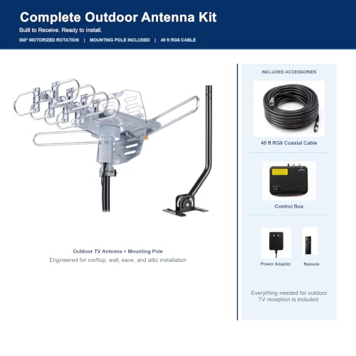 Amplified Outdoor TV Antenna with 360° Motorized Rotation, UHF/VHF Long-Range Reception, Remote Control, Mounting Pole & 40FT RG6 Cable, Dual TV