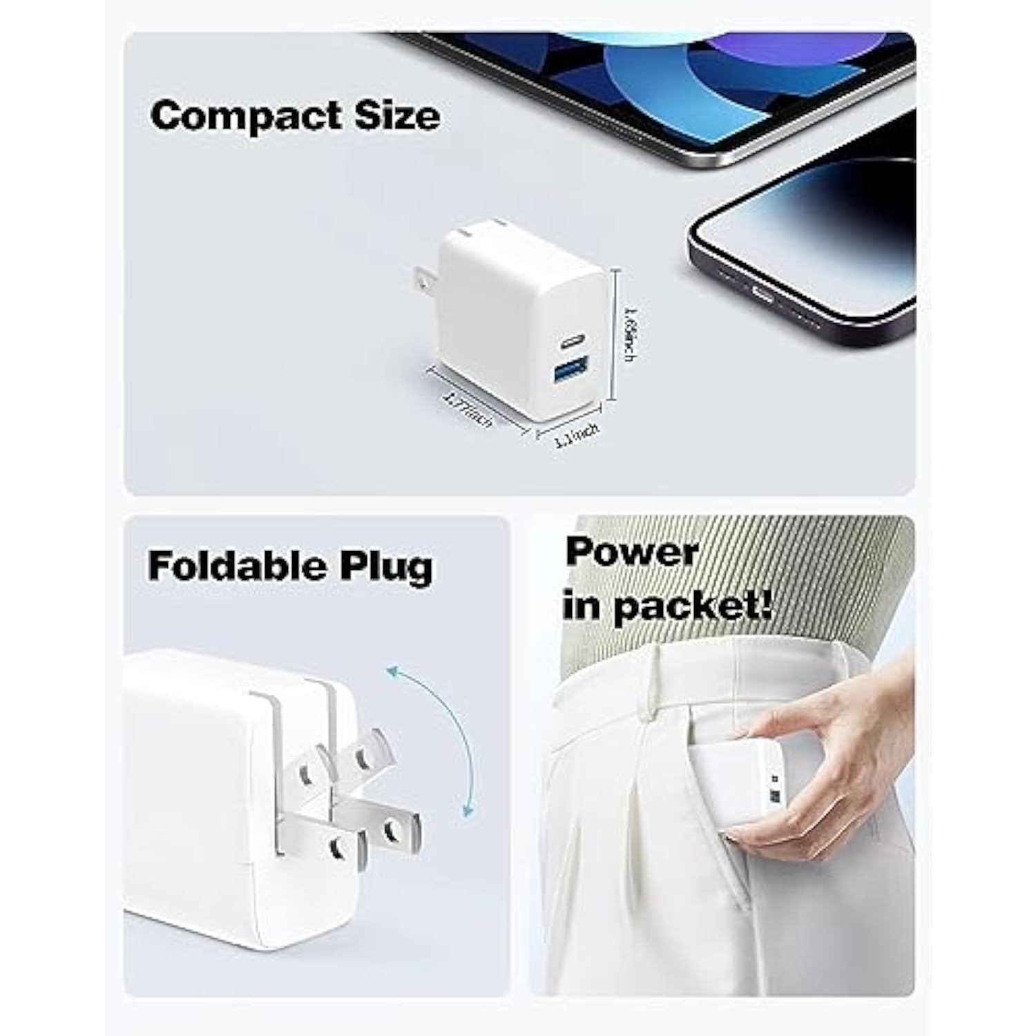 20W Dual Port Fast Charger For Ipad 9Th 8Th 7Th 6Th 5Th Generation 10.2 Inch, Ipad Air 3/2, Ipad Mini 5/4/3, Foldable Wall Charger With 6.6Ft Usb-C To Lightning Fast Charging Cable