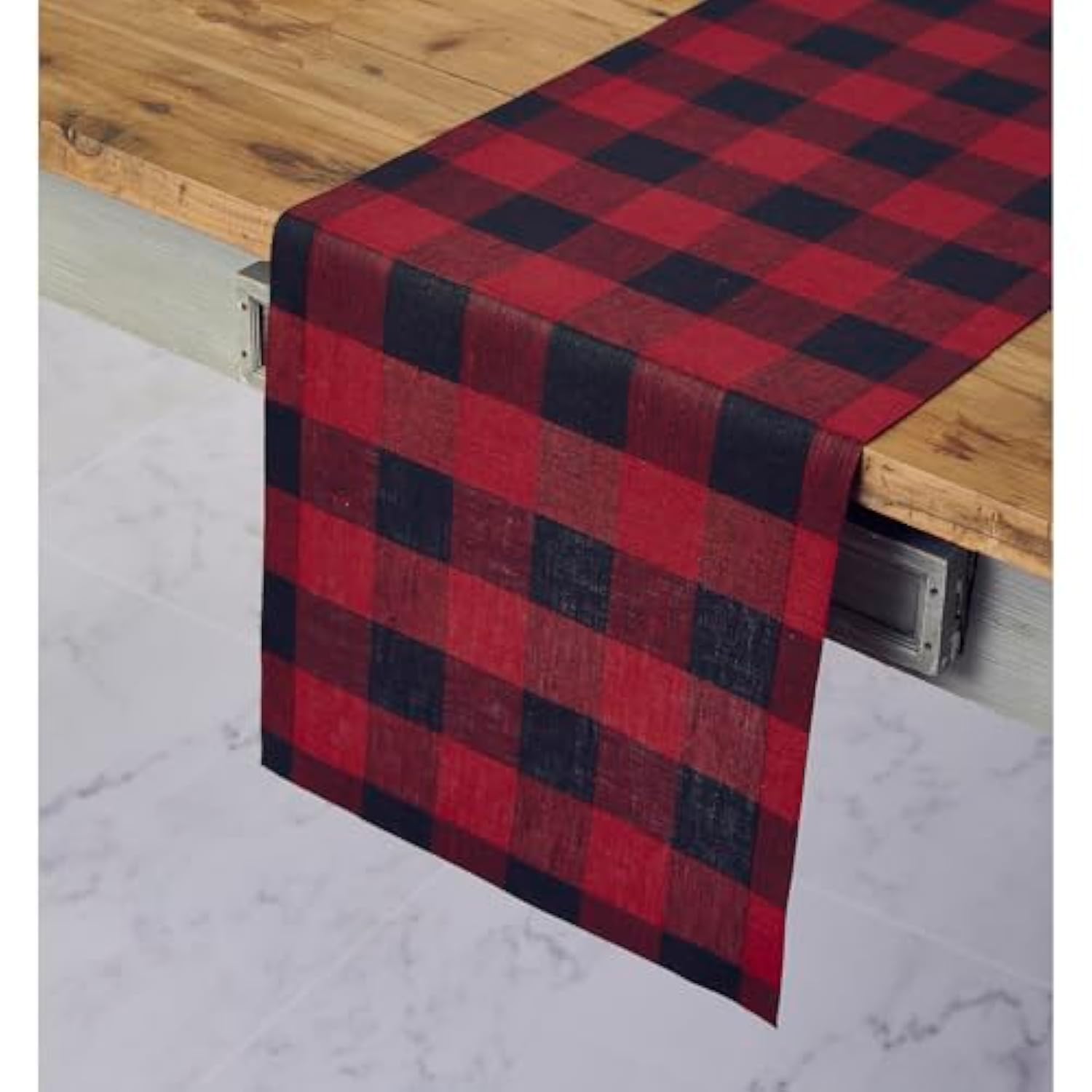 Red Black Linen Checkered Table Runner 14x36in Buffalo Plaid Holiday Decor