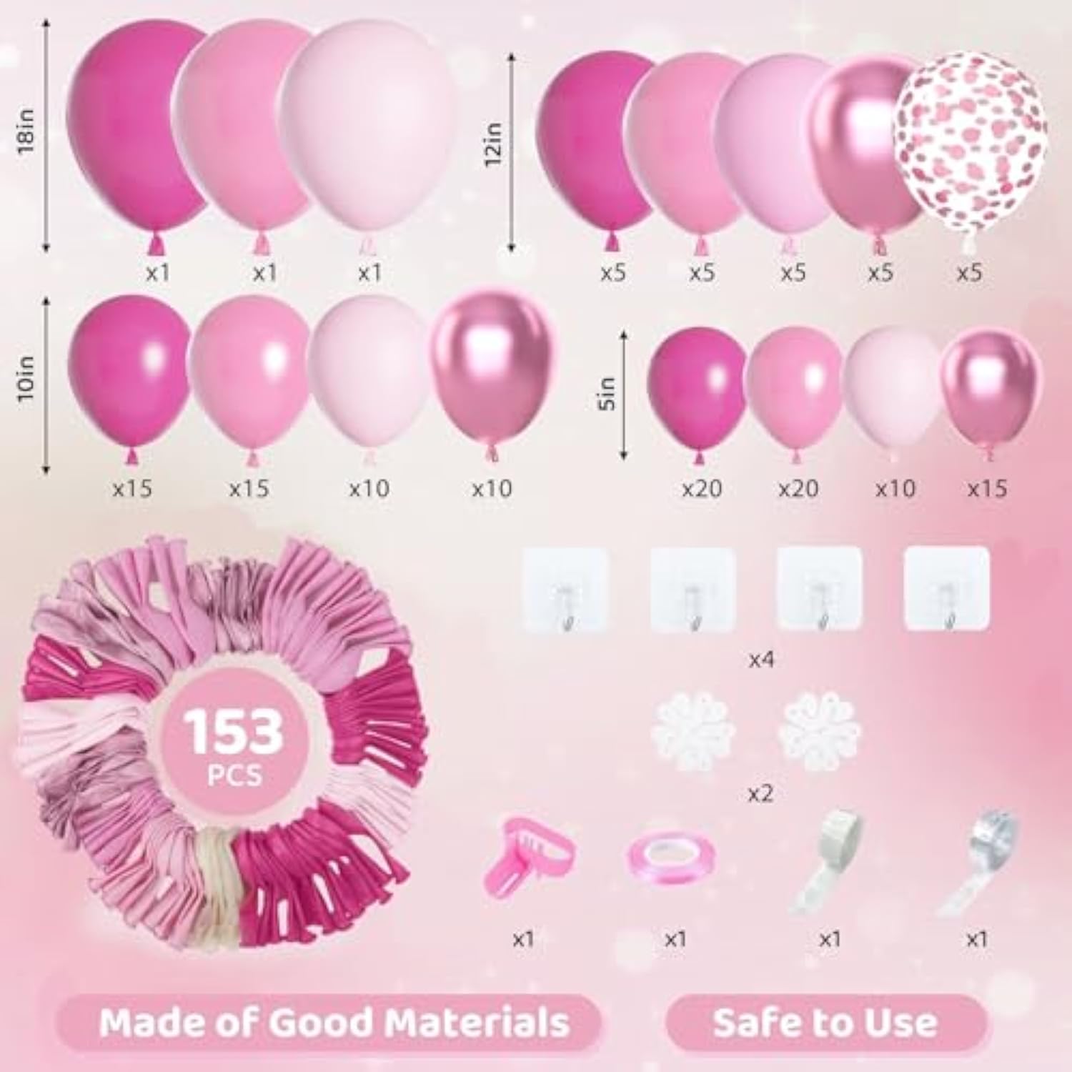 153Pcs Pink Balloon Garland Arch Kit, Different Sizes 18 12 10 5 Inch Hot Pink Latex Metallic Confetti Pink Balloons For Birthday Princess Wedding Baby Shower Party Decorations