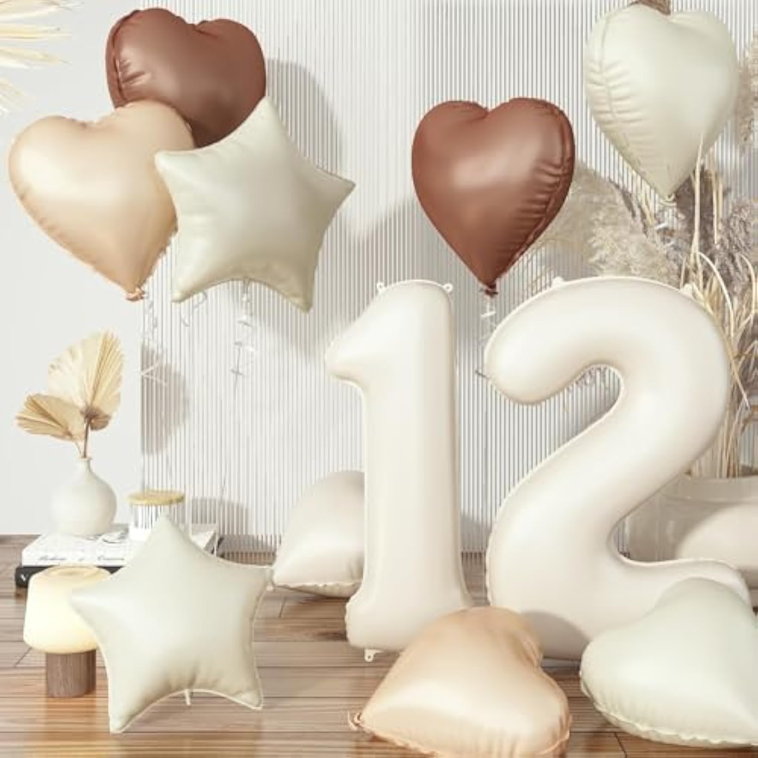12Th Birthday Balloons For Girls, Large Foil Beige Cream Sand White Neutral 12 Balloon, Nude Tan Apricot Brown Helium Heart Star Balloon For Kids Birthday Wedding Anniversary Party Boho Decoration