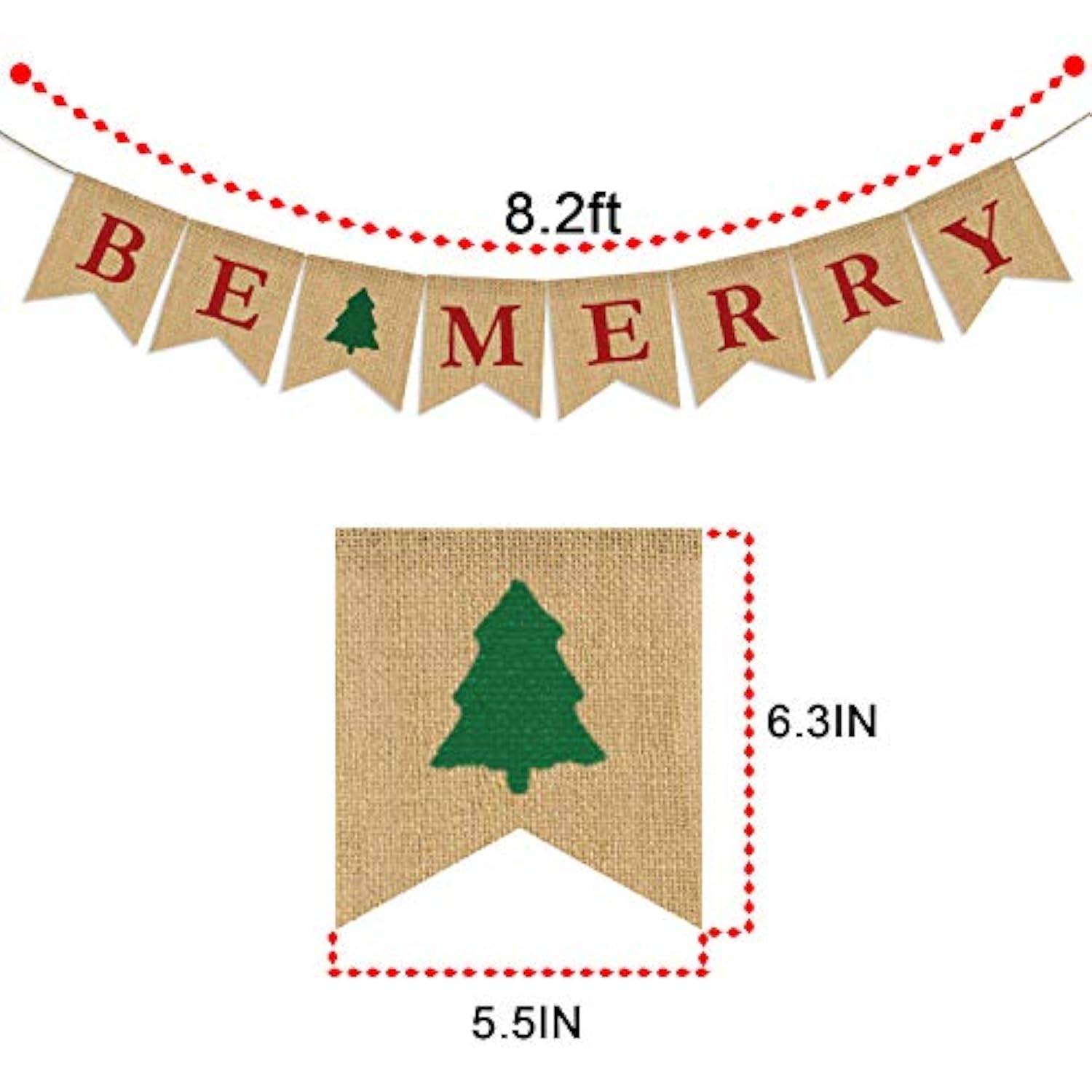 Be Merry Christmas Tree Garland | Holiday Bunting | Indoor/Outdoor Natural Burlap Banner