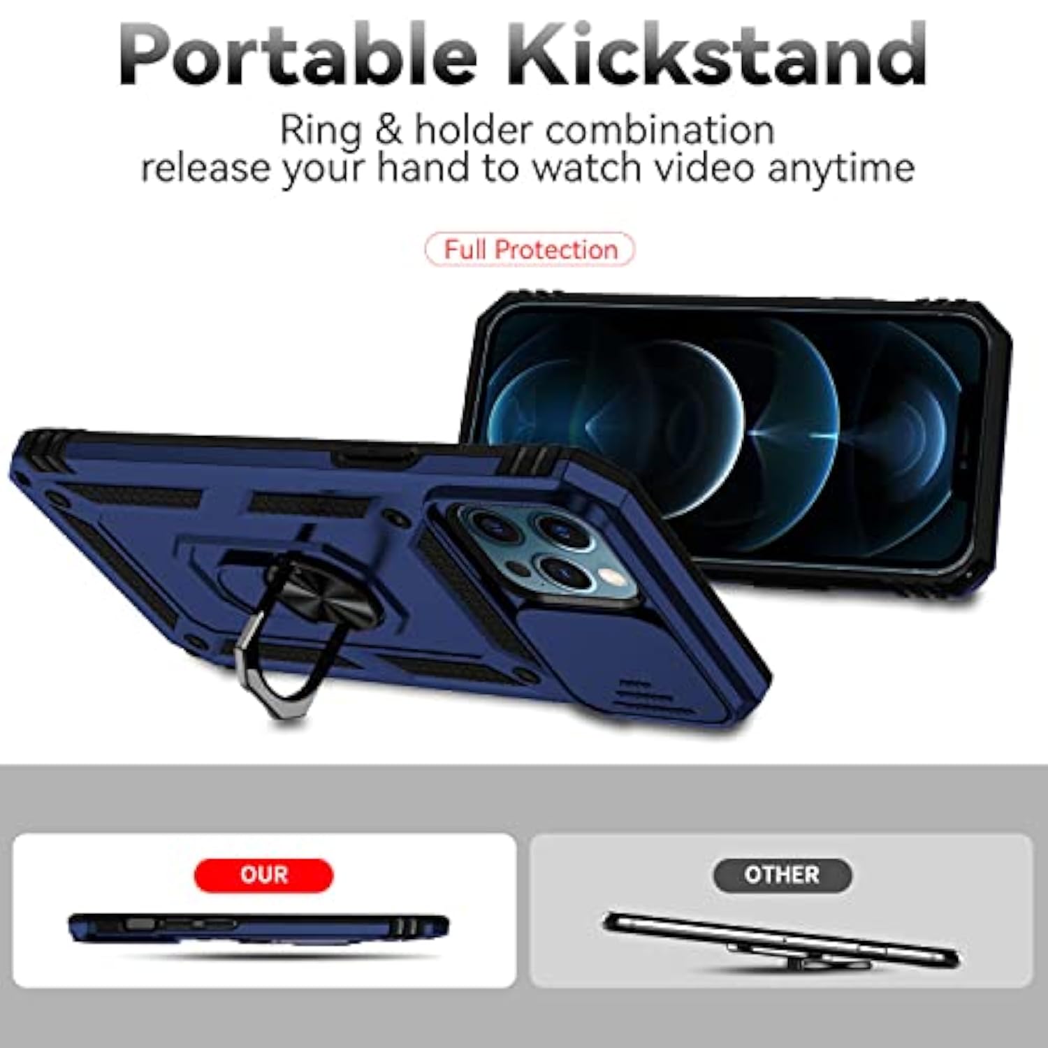iPhone 12 Pro Max Case with Camera Cover Screen Protector Kickstand Blue
