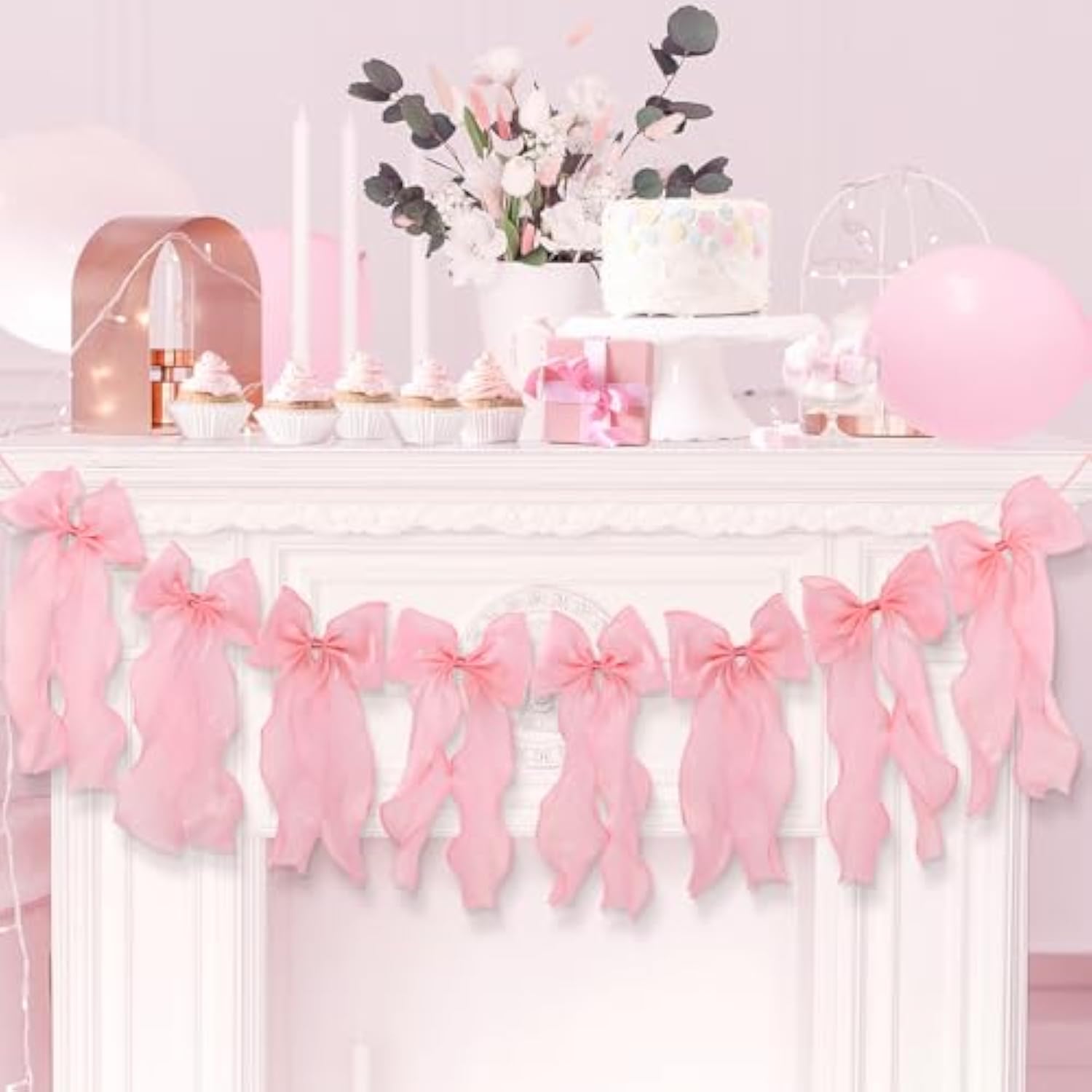 Pink Ribbon Bow Garland Banner, Pink Bow Party Decortions, Women Girls Bow Birthday Decorations, Baby Shower Decor, Tying The Knot Bridal Shower Bachelorette Party Supplies