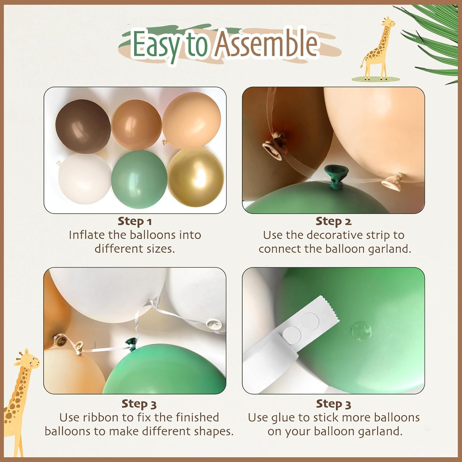152pcs-Piece Sage Green and Brown Balloon Garland Kit with Palm and Ivy Leaves for Jungle Safari Parties