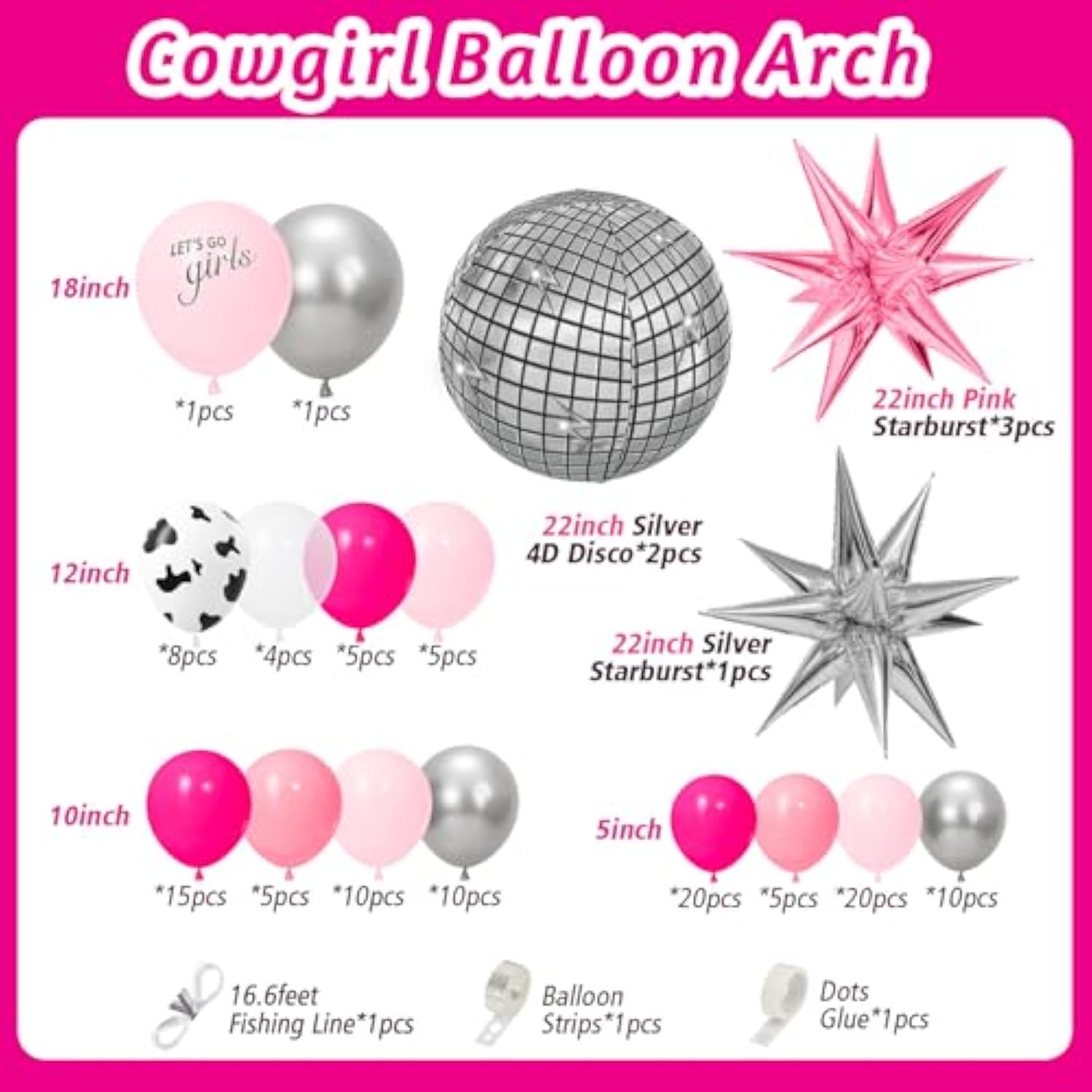 128pcs Disco Cowgirl Balloon Arch Kit, Hot Pink Silver Cow Print Party Decor