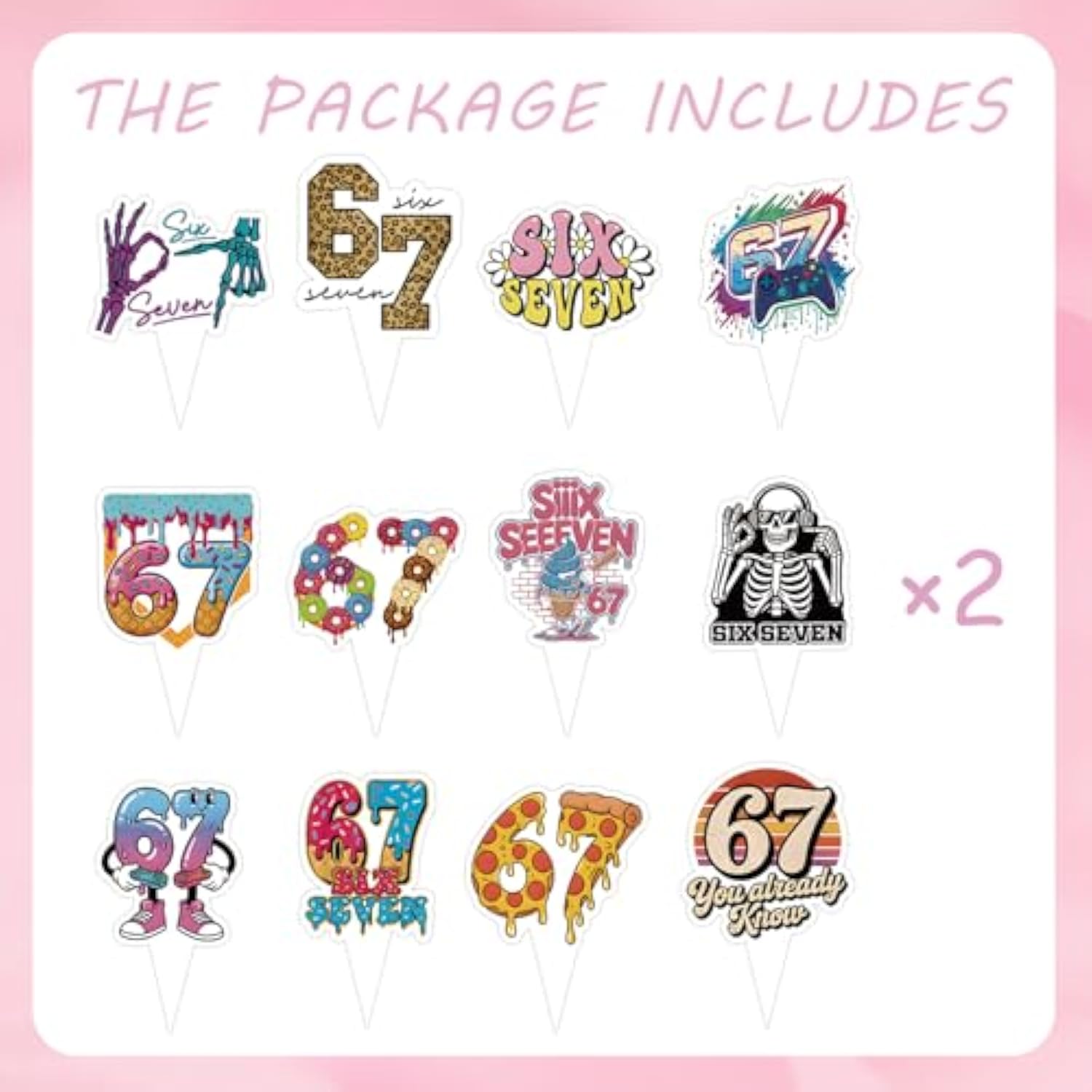 24Pcs Six Seven Cupcake Toppers, Funny 6 7 Party Decorations Funny Six Seven Birthday Cake Decorations For Donut Ice Cream Baseball Meme 6 7 Theme Party Supplies (24)