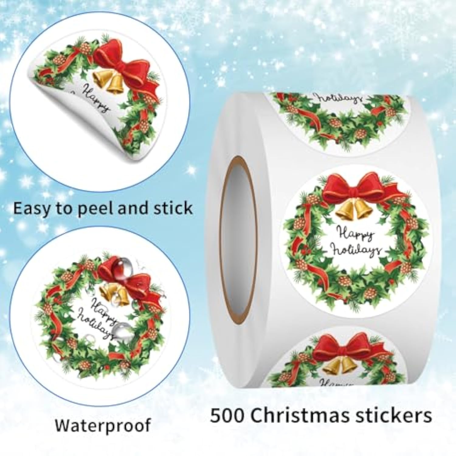 500 Pcs 1.5 Inch Happy Holidays Stickers Merry Christmas Stickers Roll For Envelopes,Gift Packing,Cards,Party Supplies (Christmas Wreath 2)
