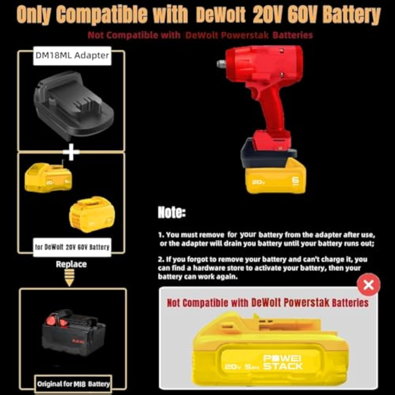 For Dewalt To For Milwaukee 18V Battery Adapter (For Dewalt 20V Battery To For M18 Tools)