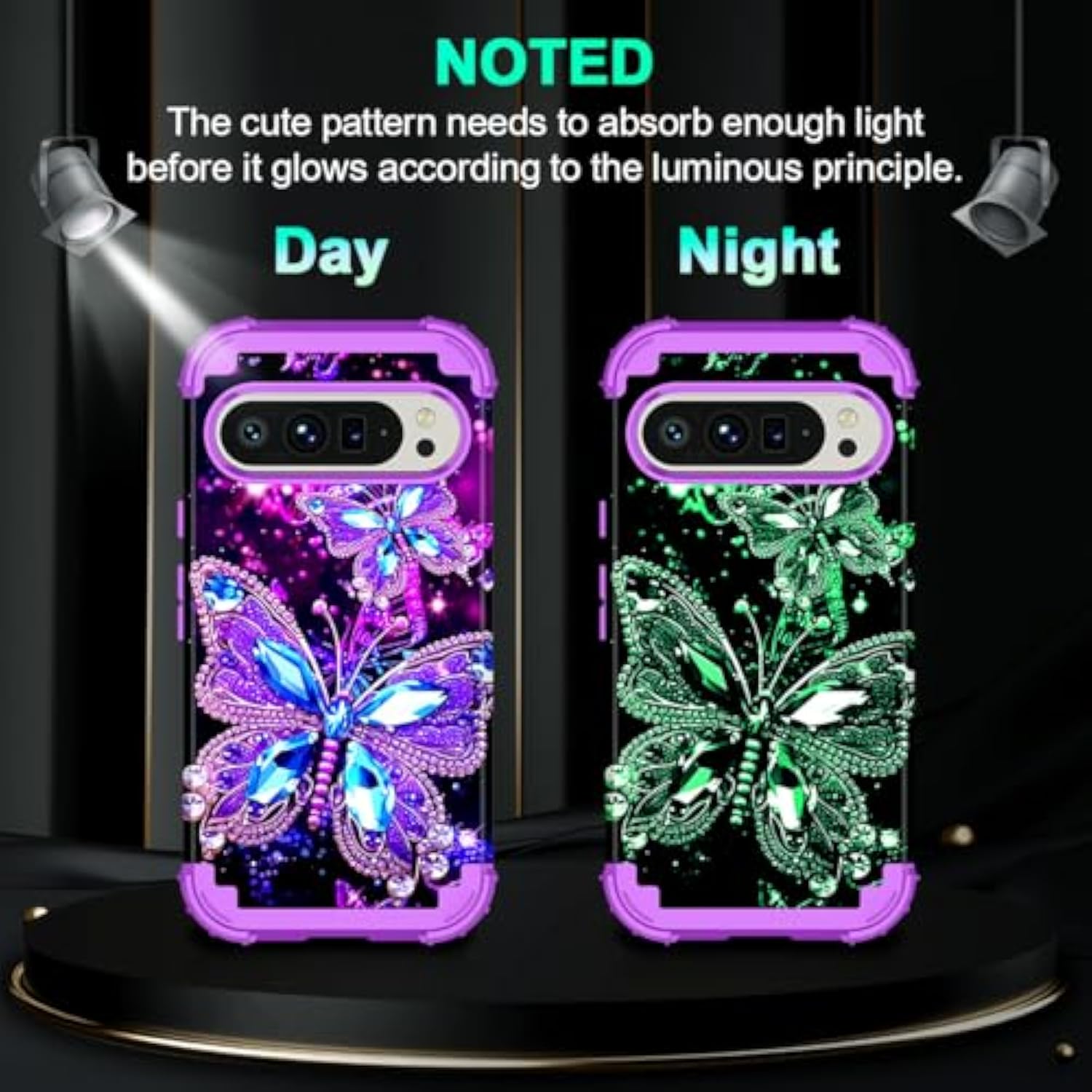 Glow in the Dark Heavy Duty Shockproof Case for Google Pixel 9 Pro XL, Butterfly