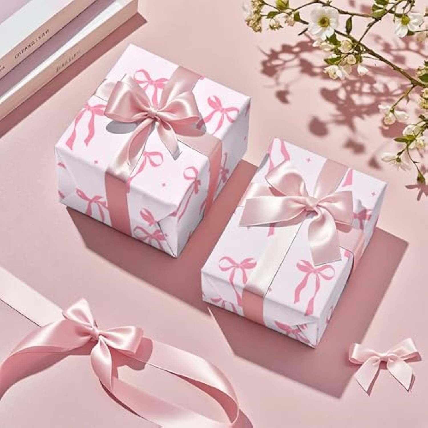 Pink Bow Gift Wrap - 17"x16.5' Roll for Valentine’s, Birthday, Baby Shower