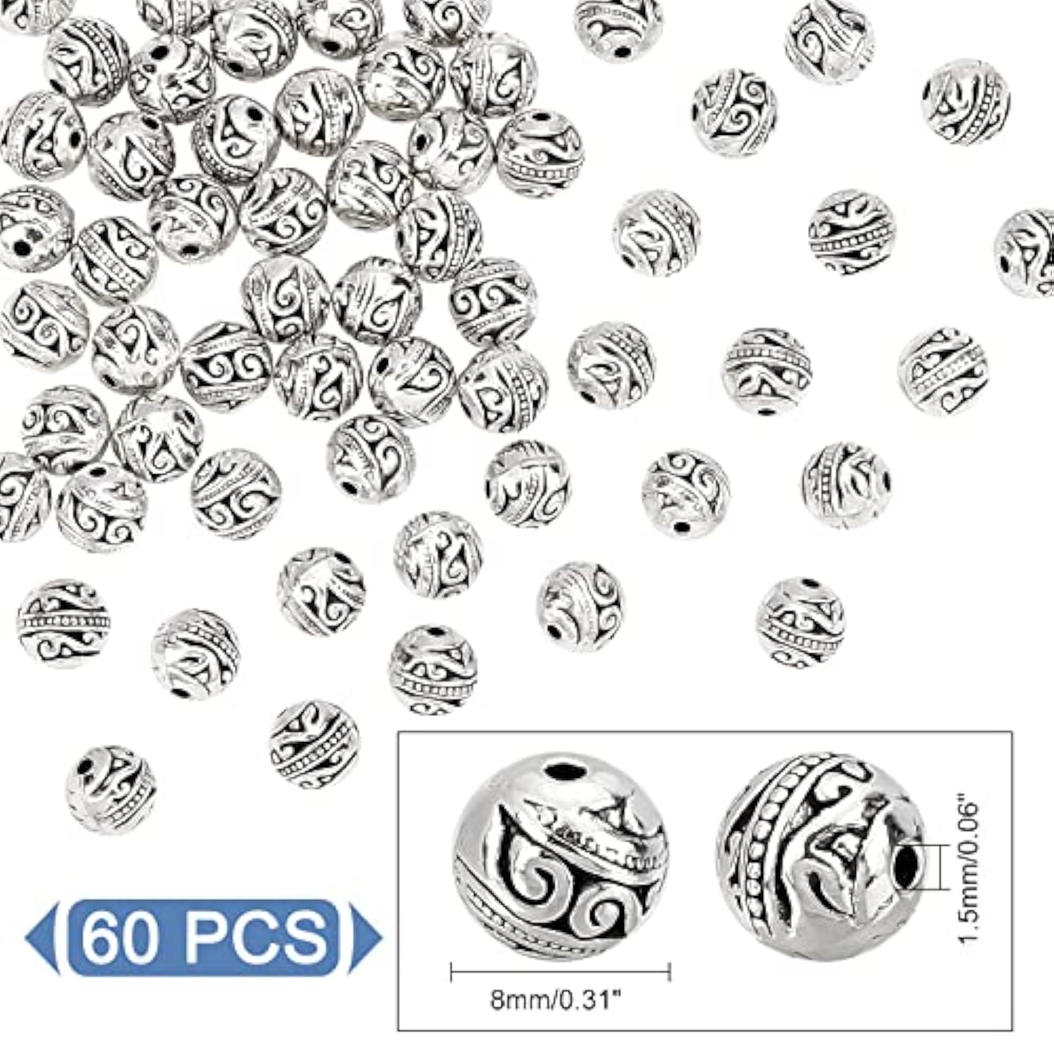 60PCS 8mm Antique Silver Spacer Beads for DIY Bracelets & Jewelry Making