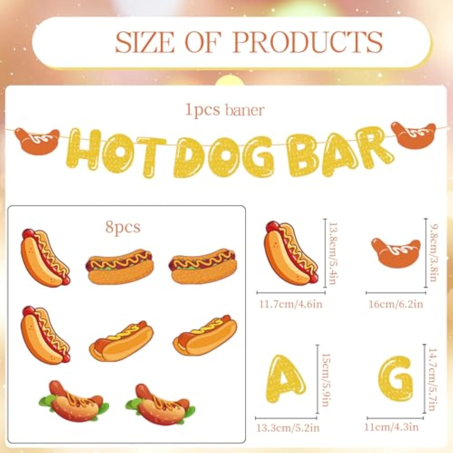 9 Pcs Hotdog Bar Glitter Banner & Hanging Swirls for Sausage Food Party Decor