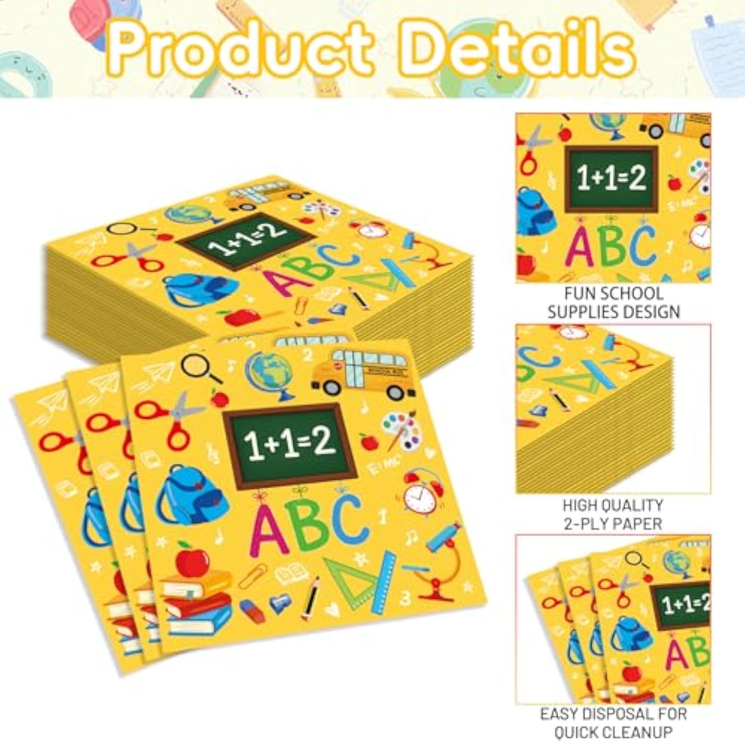 Pack Of 50 Back To School Paper Napkins, Yellow School Supplies Design Disposable Party Napkins For Classroom, Teacher Appreciation, Kindergarten, First Day Of School Decoration, 13X13 Inches Unfolded
