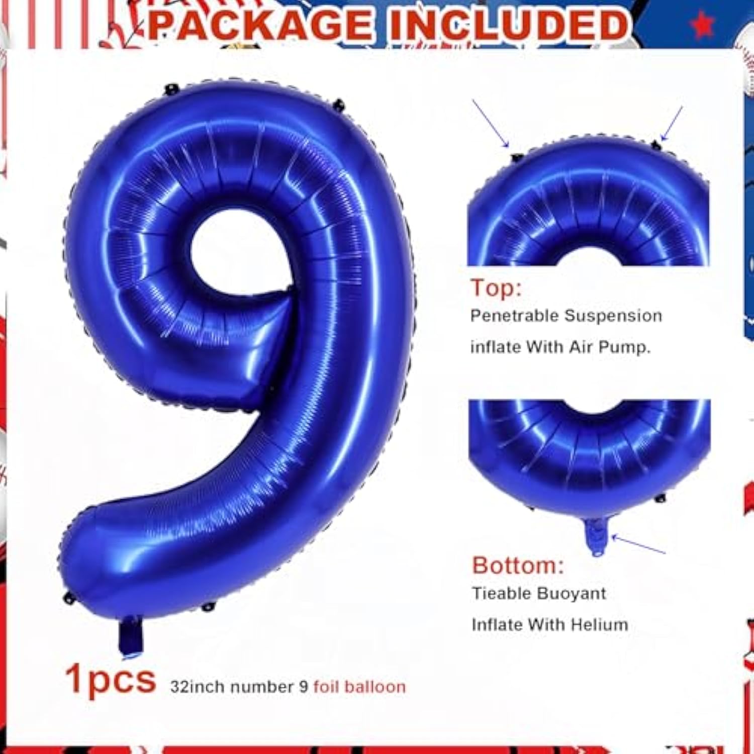Baseball Party Balloons 32" Navy Number 9 & Sports Foil Balloons